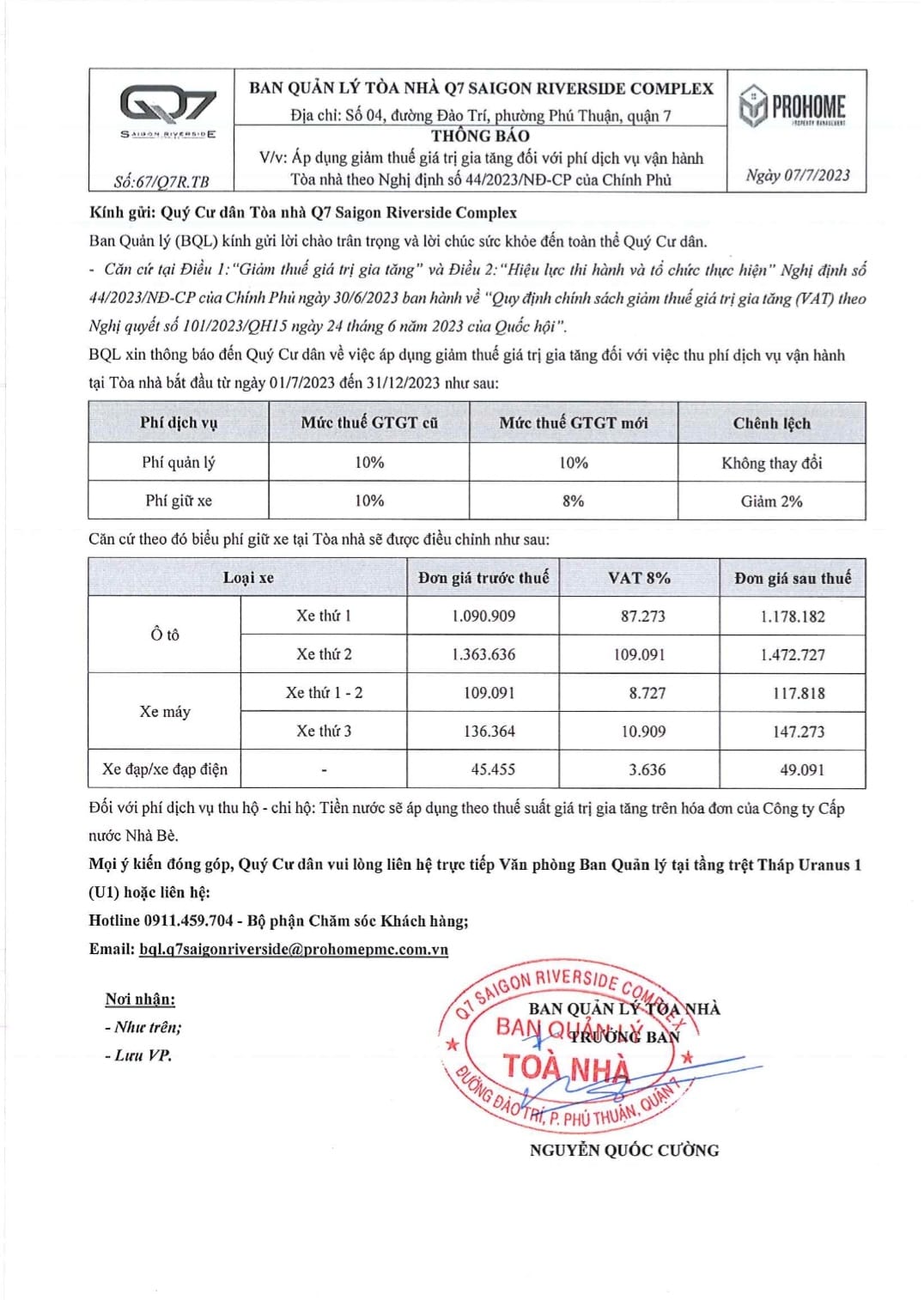 Áp dụng giảm thuế giá trị gia tăng đối với phí dịch vụ vận hành Tòa nhà Q7 SaiGon Riverside